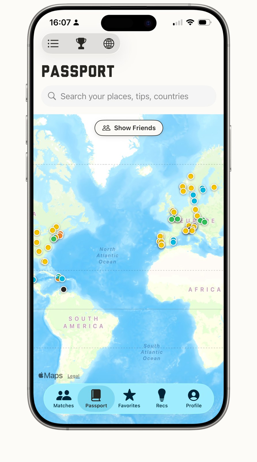 The Passport map of every place you've been, with pins across the continents.